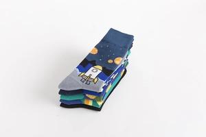 Close-up of crew socks featuring space rocket and planet patterns on a navy blue base