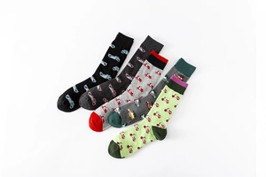 Detailed set of five cotton crew socks with motorcycle patterns in diverse colors