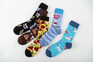 Detailed set of five creative cotton mid-calf socks with guitar, cat, and shark patterns