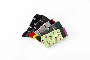 Detailed set of five cotton crew socks featuring retro motorcycle and scooter jacquard patterns