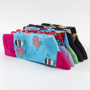 Colorful mid-calf cotton socks set with cartoon donuts and coffee prints for daily casual wear