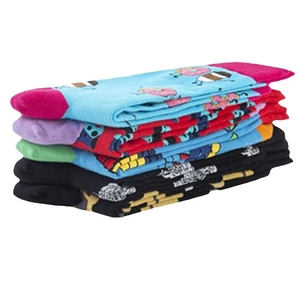 Multi-pack colorful crew socks with fun cartoon donut and coffee patterns on white backdrop