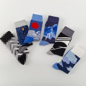 Japanese style cotton crew socks featuring ukiyo-e waves and abstract jacquard patterns