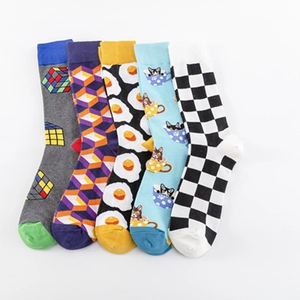 Pack of five colorful cotton socks with fun cube, egg, and cat patterns for men