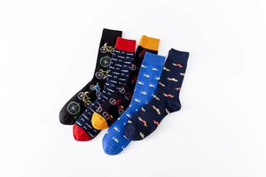 Set of five men's cotton crew socks featuring colorful vehicle patterns and contrast toes