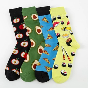 Creative food patterned crew socks featuring apple avocado pizza and sushi designs