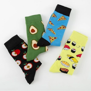 Colorful cotton crew socks set featuring fruit and food patterns on a white background
