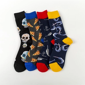 Pack of four colorful socks with skull and pizza prints in casual mid-calf length