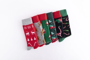 Set of 6 festive Christmas cotton crew socks with Santa, reindeer and tree patterns