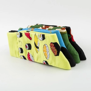Colorful crew socks set featuring fun sushi and food patterns on high-quality knit cotton