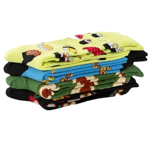 Four-pack of colorful food-patterned crew socks featuring sushi and hot dog prints