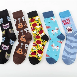 Novelty Crew Socks Cotton Blend Breathable Comfortable Colorful Guitar Cat Pizza Shark Patterns For Casual Streetwear