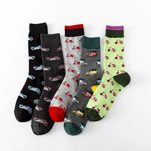 Five pairs of colorful cotton mid-tube socks with various vehicle patterns on white background