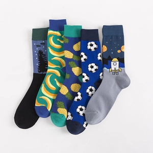 Five pairs of cotton crew socks featuring UFO, banana, pineapple, soccer and rocket patterns