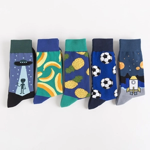 5 pairs of patterned cotton crew socks featuring alien, fruit, and space rocket designs