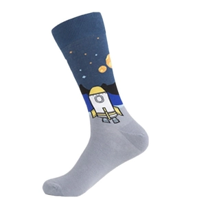 Mid-calf cotton socks featuring space theme with rockets and planets on navy blue background