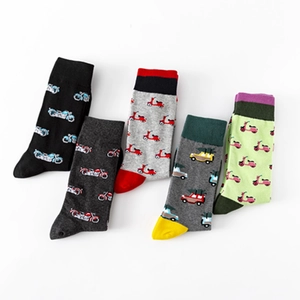 Colorful cotton crew socks with vintage vehicle patterns in five assorted colors