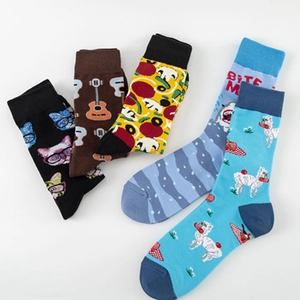 Five pack of colorful cotton crew socks featuring guitar, cat, pizza and shark patterns