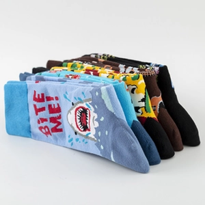 Colorful cotton mid-calf socks with guitar and shark cartoon prints in various colors