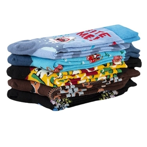 Pack of 5 colorful crew socks with guitar and shark patterns made of combed cotton