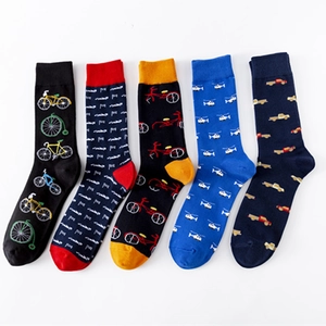Men Novelty Cotton Crew Socks Fun Transportation Pattern Bicycle Helicopter Car Breathable Casual Fashion Soft Mid Calf Hosiery