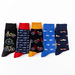 Five pack of colorful cotton crew socks featuring bicycle and vehicle pattern prints