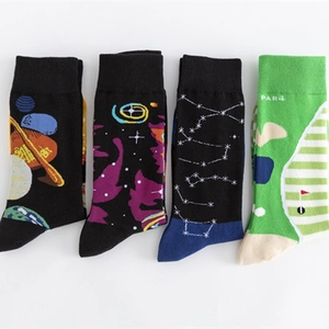 Set of four cotton crew socks with galaxy patterns and green golf themed PAR 4 design