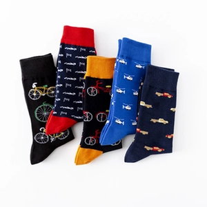 Five pairs of colorful cotton mid-calf socks with bicycle and vehicle patterns