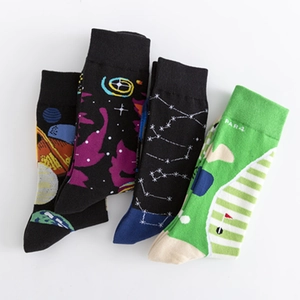 Pack of four colorful cotton socks with space, constellation, and golf patterns