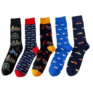 Pack of 5 colorful crew socks for men with patterns like bicycles and helicopters