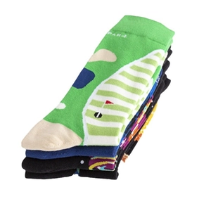 Colorful patterned cotton crew socks for men with golf theme embroidery and variety designs