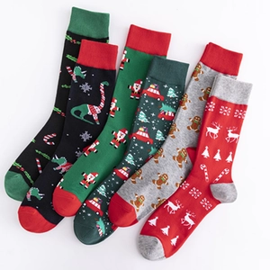 Christmas cotton crew socks set featuring festive Santa and reindeer jacquard patterns
