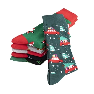 Colorful Christmas cotton crew socks with festive patterns like snow and trees for men