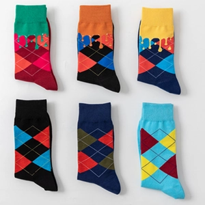 Set of 6 colorful argyle cotton socks with unique creative liquid drip design motifs