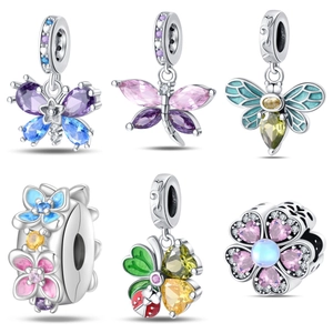 S925 Silver Plated Copper DIY Charms Beads With Colorful Zircon Enamel Bee Butterfly Dragonfly Lucky Clover Flower Shapes