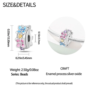Detail view of enamel flower bead for charm bracelet with specific size dimensions
