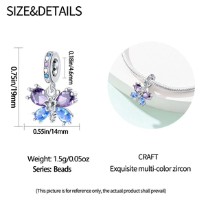 Detailed size specifications for a butterfly pendant charm with multi-color zircon stones