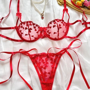 Ensemble de lingerie en dentelle rouge avec nœuds et motifs cœurs sur fond en soie
