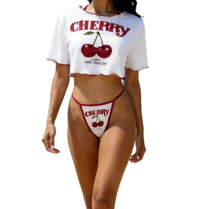 Slim fit white crop top with cherry print and matching high cut bikini bottoms