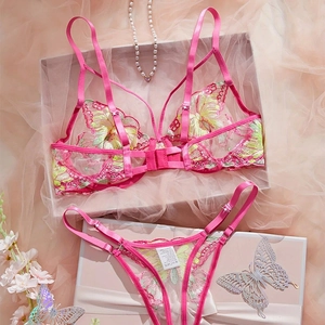 Detailed close-up of pink butterfly embroidery on sheer mesh lingerie with pearl decor