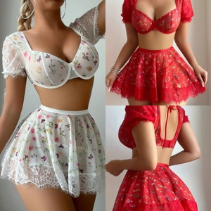 Top Pigiama E Gonna In Pizzo Con Stampa Floreale Lingerie Sexy Trasparente Abbigliamento Da Notte Per Donne