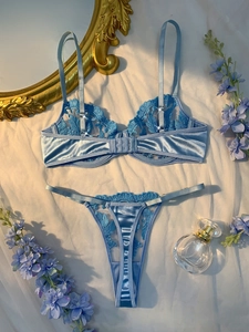 Flat lay of light blue lace lingerie set with floral embroidery and satin detailing