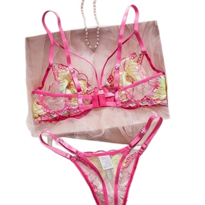 Pink butterfly embroidered mesh lingerie set with two-piece wireless bra and thong