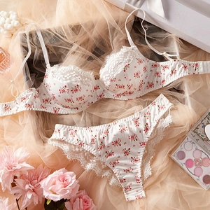 Detailed view of floral lace lingerie set with white lace trim and pink roses background