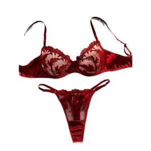 Red sexy floral lace lingerie set with underwire bra and matching thong on white background