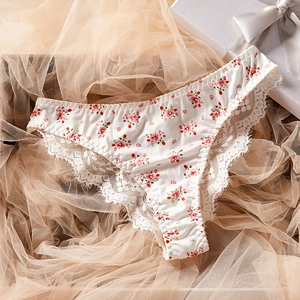 Floral lace panty detail with red blossoms and delicate scalloped edges on mesh fabric