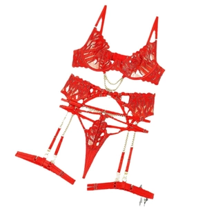 Detailed view of red floral lace lingerie set with metal chain accents and webbing