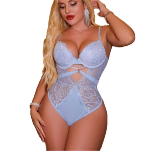 Light blue floral lace bodysuit with underwire cups and cutout crisscross front detail