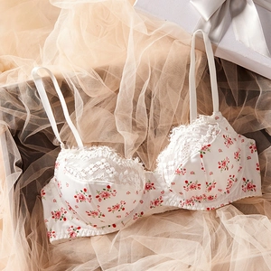 Floral lace non-wired bra set for women with pink flower print on white fabric