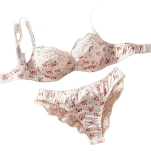 Floral lace lingerie set with pink flower pattern and delicate white lace trim
